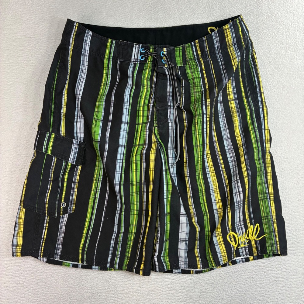 O'Neill Board Shorts Men 32x10 Black Green Striped Surf Swim Trunks Drawstring